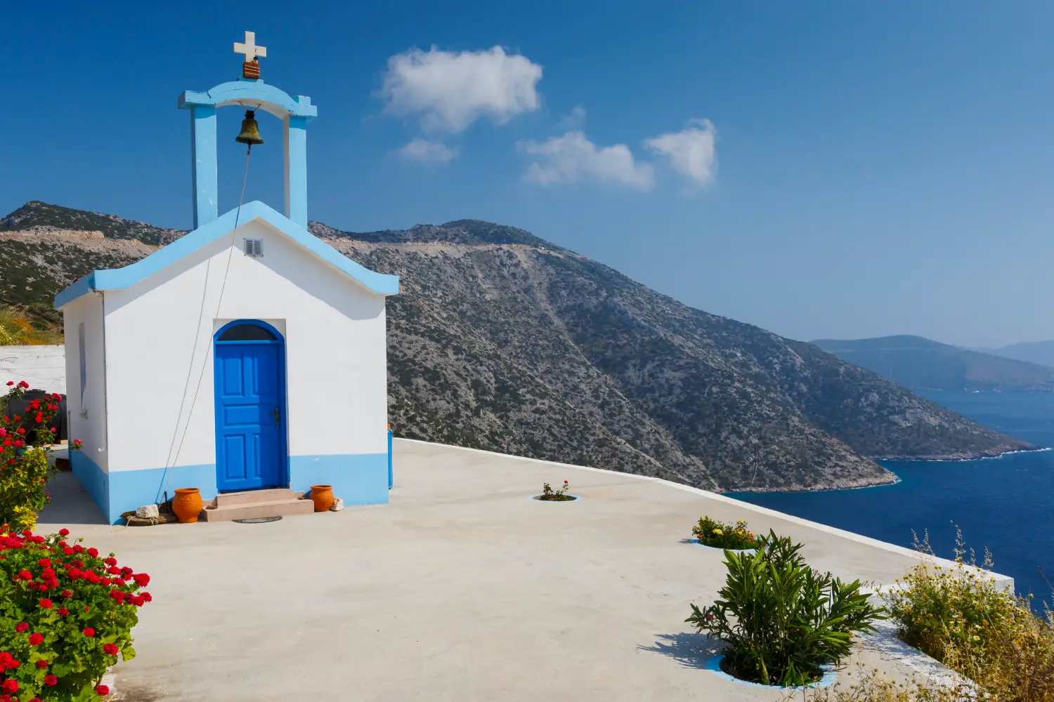 Ferry to Chrisomilia - Church near Chrysomilia village on Fourni island, Greece.