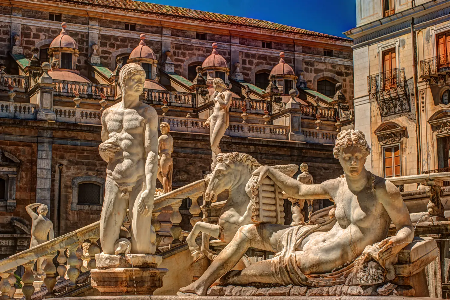 Ferry to Palermo - Beautiful sculpture of the famous fountain of shame on baroque Piazza Pretoria, Palermo, Sicily, Italy.