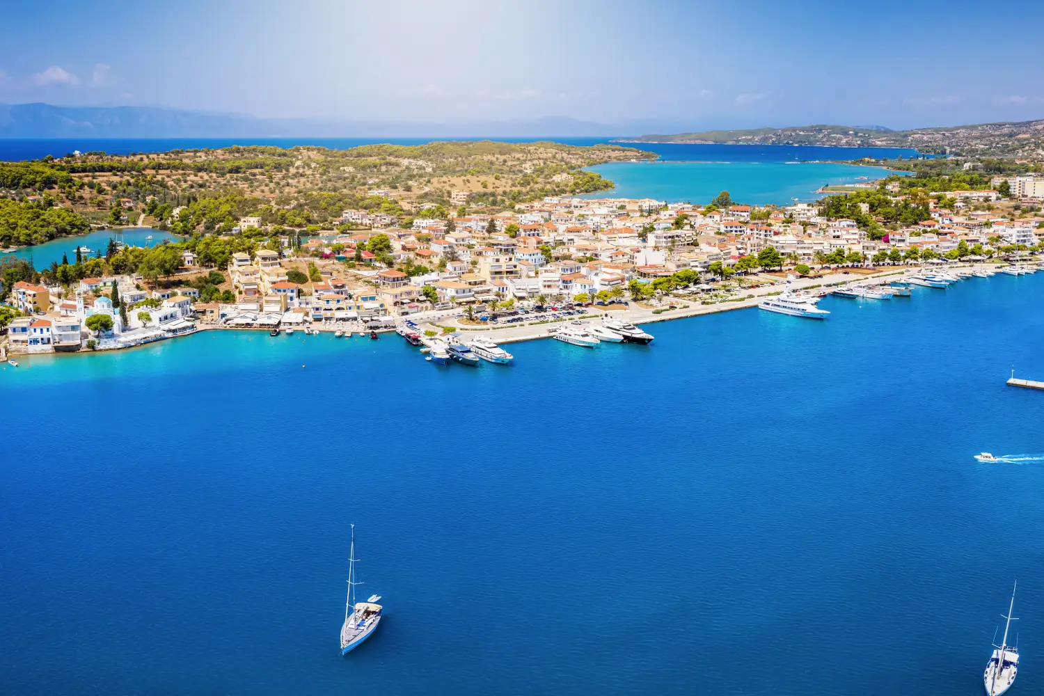 Ferry to Porto Heli - Panoramic view to the city and harbour of Porto Cheli, the cosmopolitian vacation hotspot on the peninsula of Peleponnese, Greece.