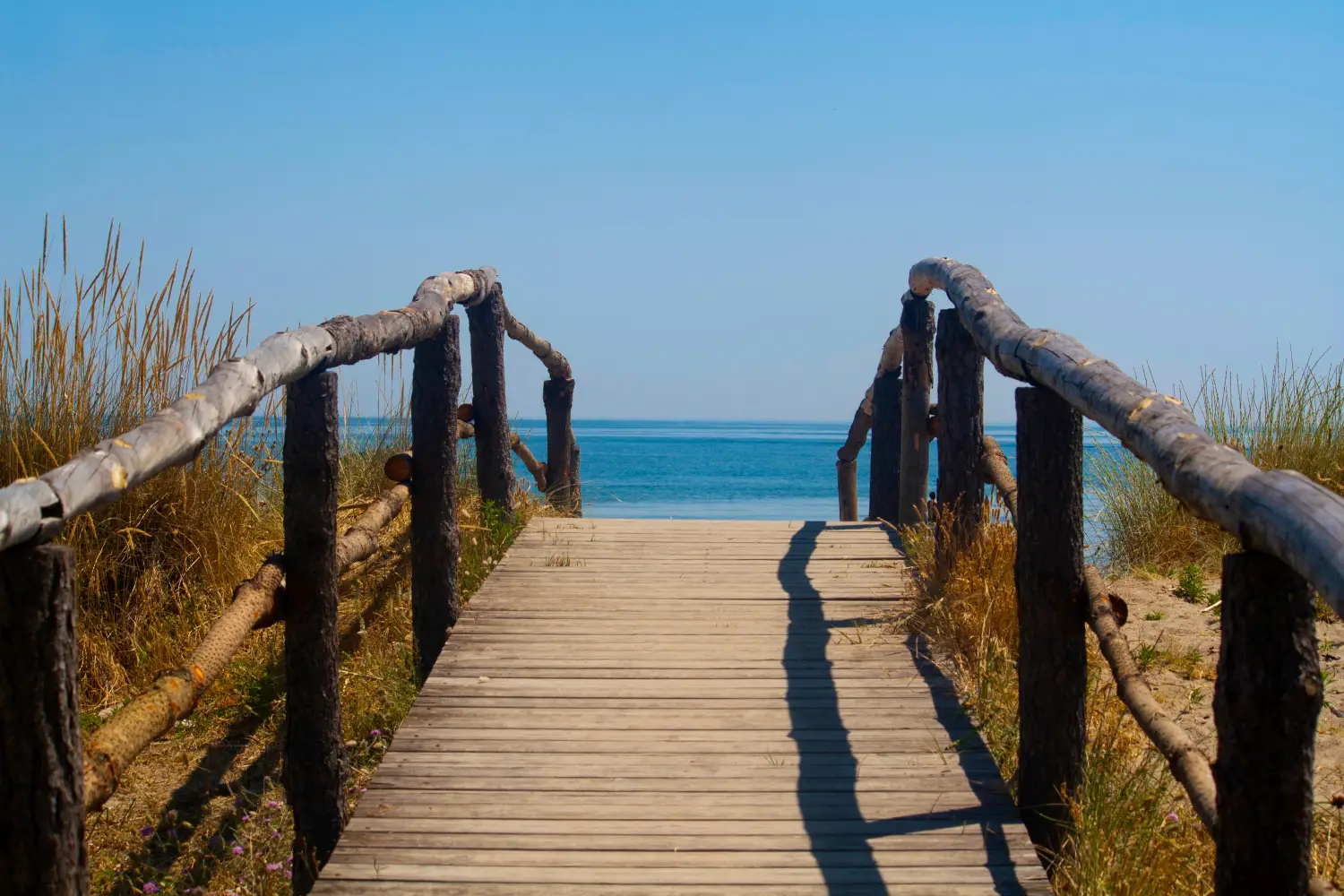 Ferry to Ravenna - A wooden bridge leading to a beach with blue waters during summer in Ravenna, Italy.