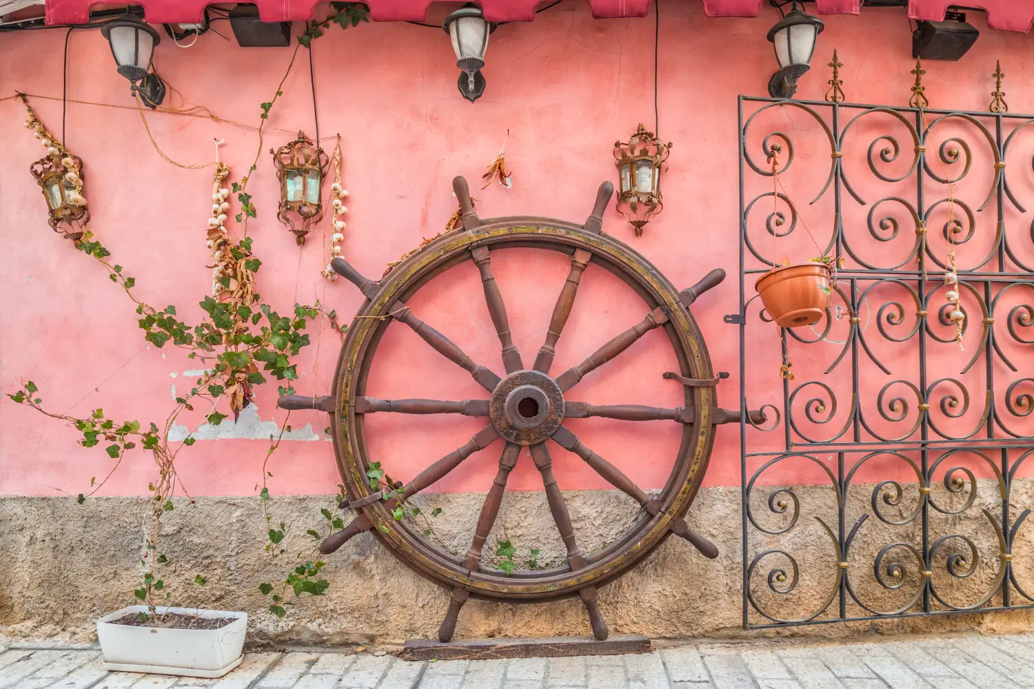 Ferry to Porec - A view of the decorations in the streets of the center of Porec town, Croatia, Europe.