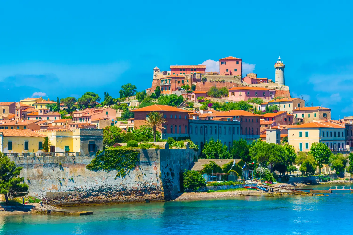 Ferry to Elba - Panoramic view over Portoferraio town of isola d'Elba, Elba island in Tuscany region, Italy.