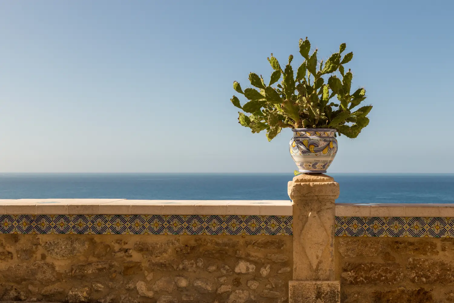 Ferry to Sicily - Sciacca ceramics with prickly pear cactus, Sicily, Italy.