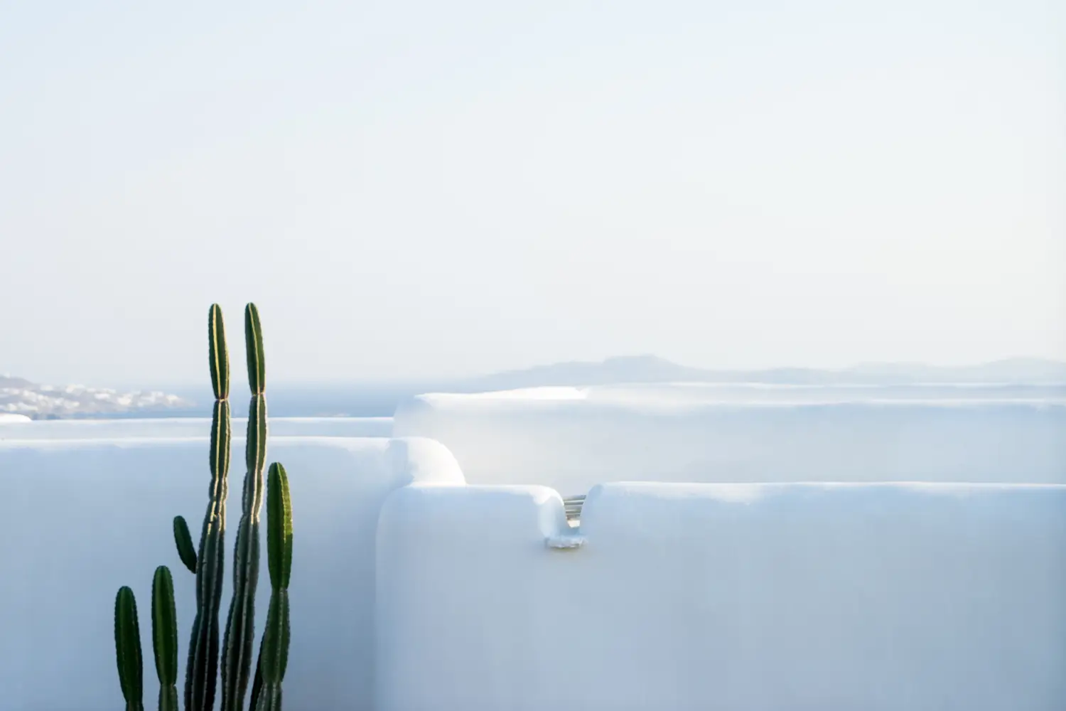 Ferry to Mykonos - Scenic view of the old town on the Greek island of Mykonos. Cactus and white villa.