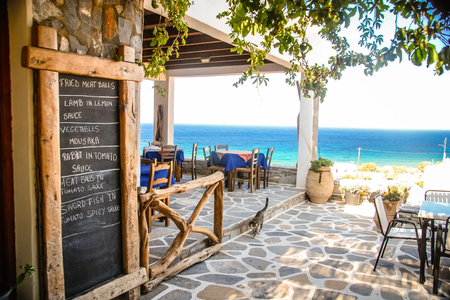 Ferry to Ios - A Taverna in Ios, Greece, with the chalk menu-board outside.