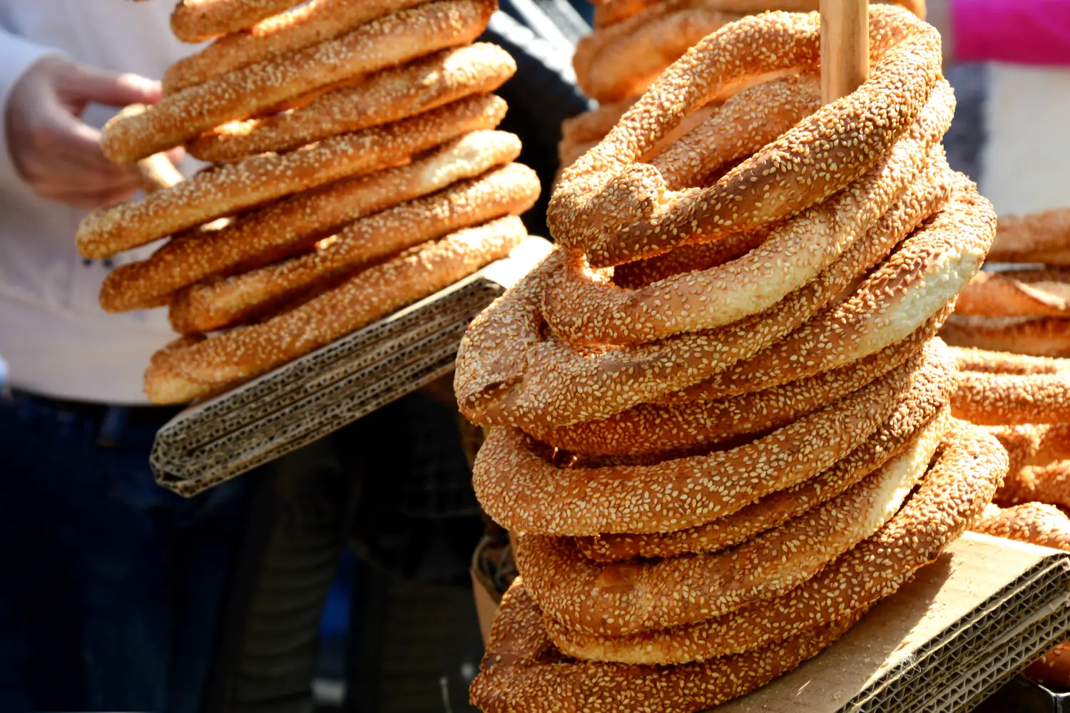 Ferry to Thessaloniki - Greek Sesame Bread rings (Greek name is Koulouri Thessalonikis). Street food menu in Greece.