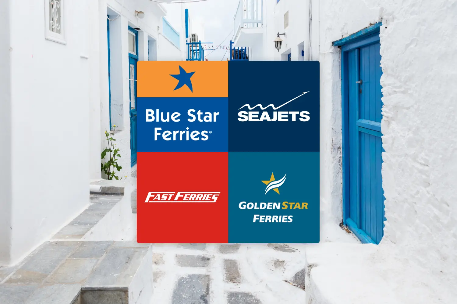 The image shows a narrow alley in the town of Mykonos, Cyclades, Greece. In the center of the image are four ferry company logos.