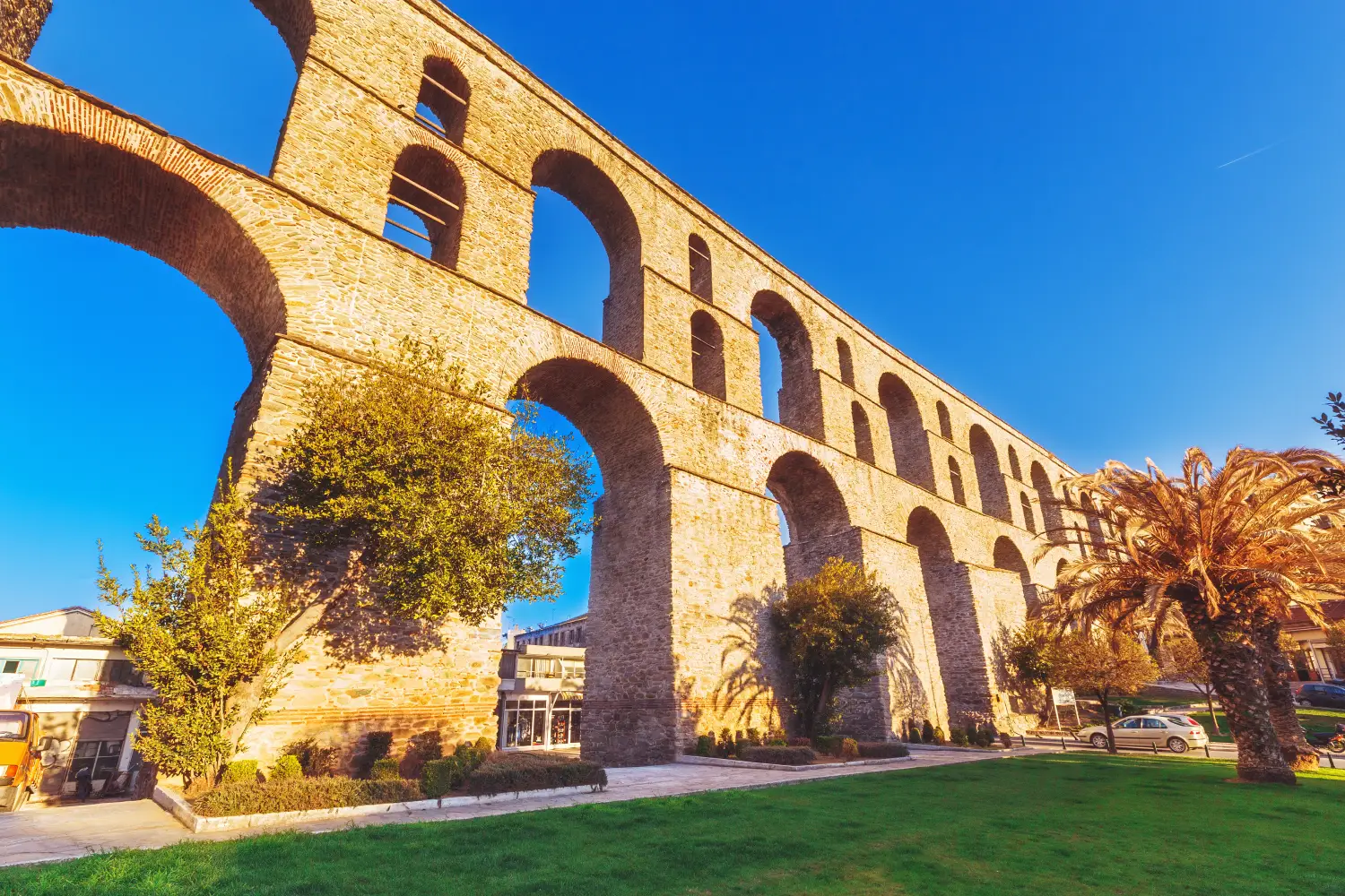 Ferry to Kavala - Ancient aqueduct landmark in Kavala city. Kavala is a famous Greek summer resort.