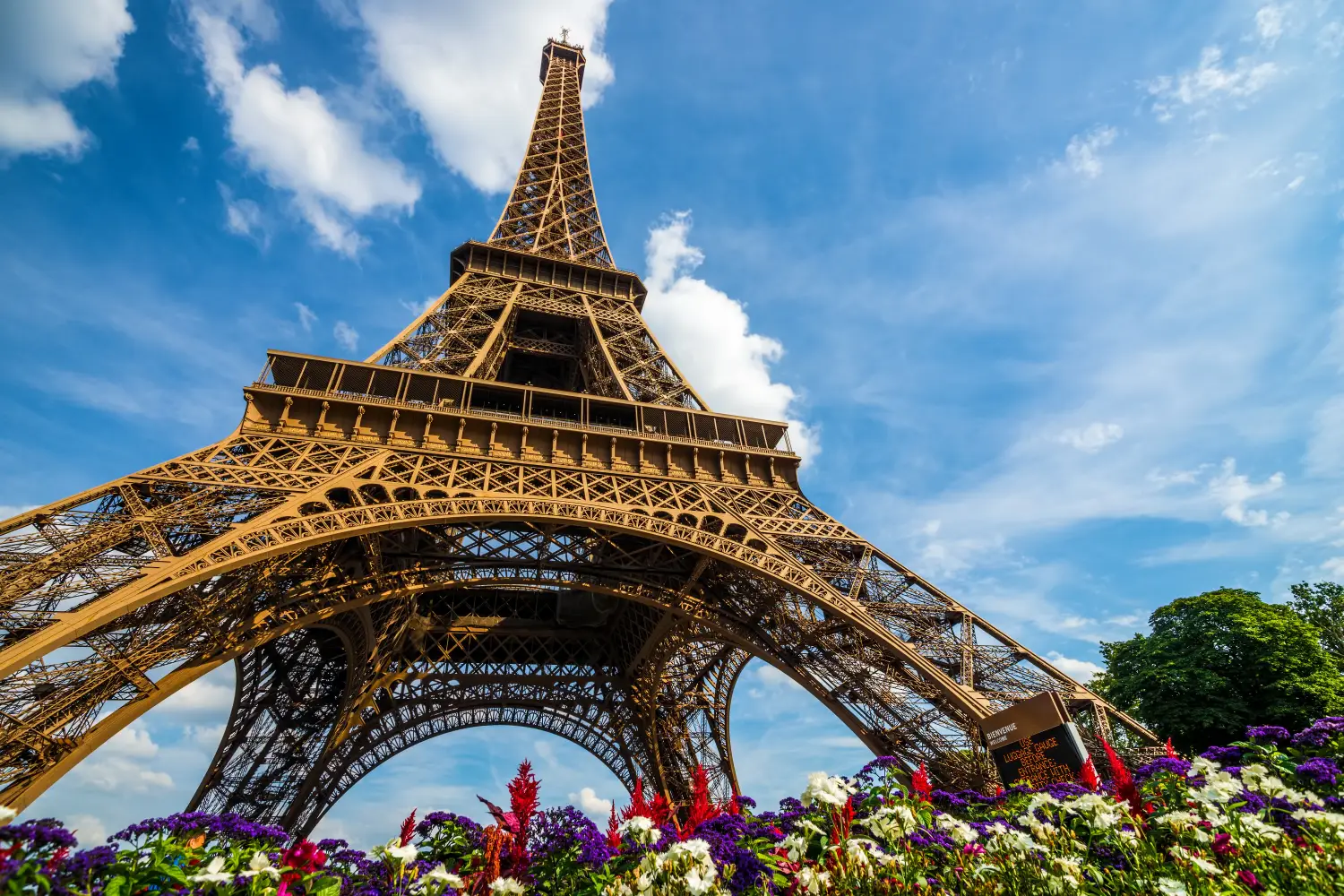 Ferry to France - Wide shot of Eiffel Tower with dramatic sky and flowers at late evening, Paris, France.