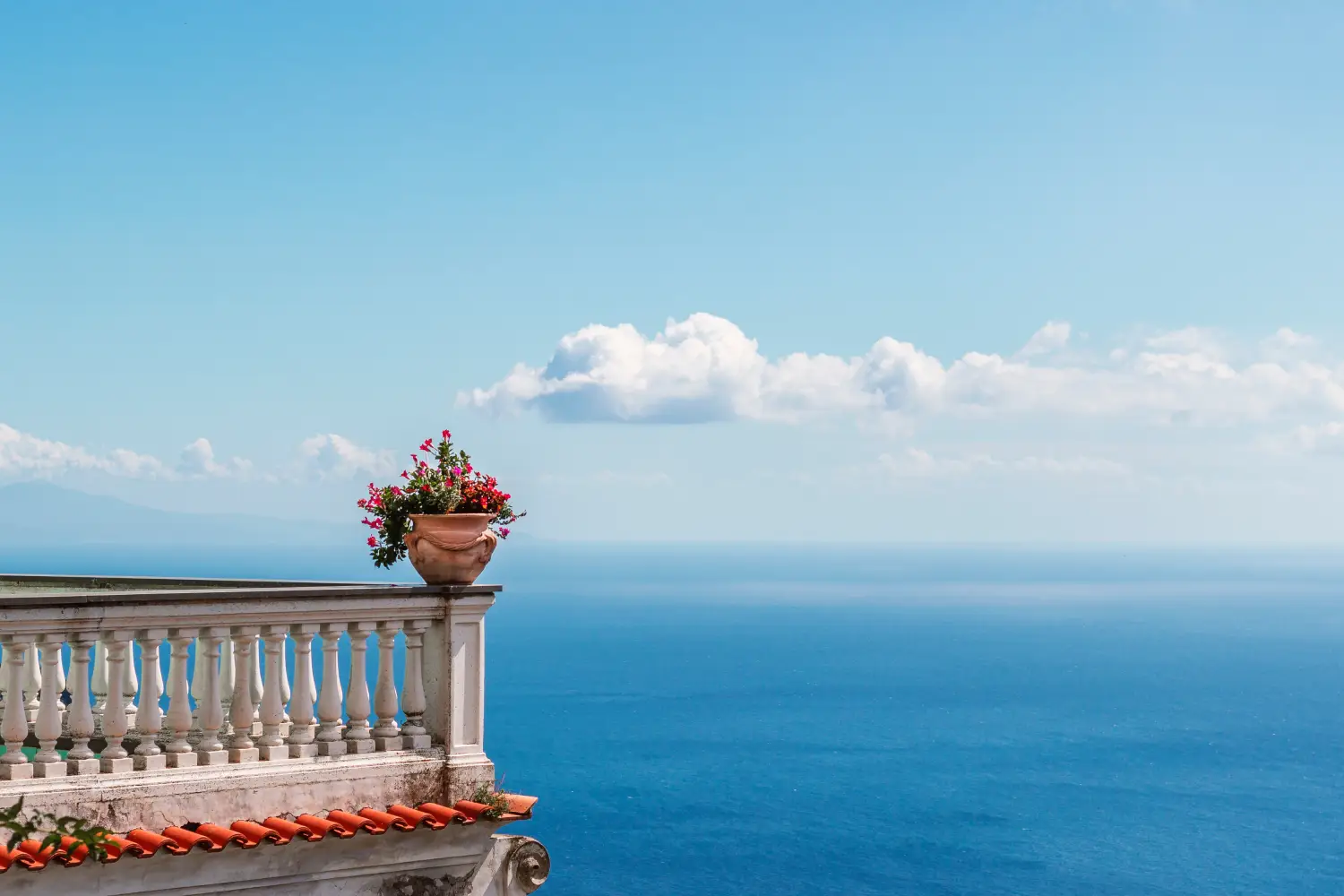 Ferry to Amalfi - A stunning view over the Amalfi Coast in Italy. A terrace overlooking the sea.