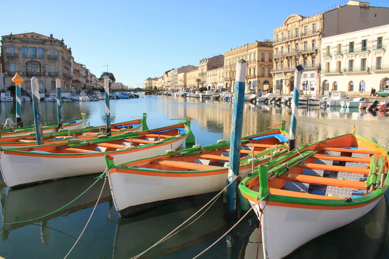 Ferry to Sete - Colorful traditional boats in Sete, a seaside resort and singular island in the Mediterranean sea, it is named the Venice of Languedoc Rousillon, France.