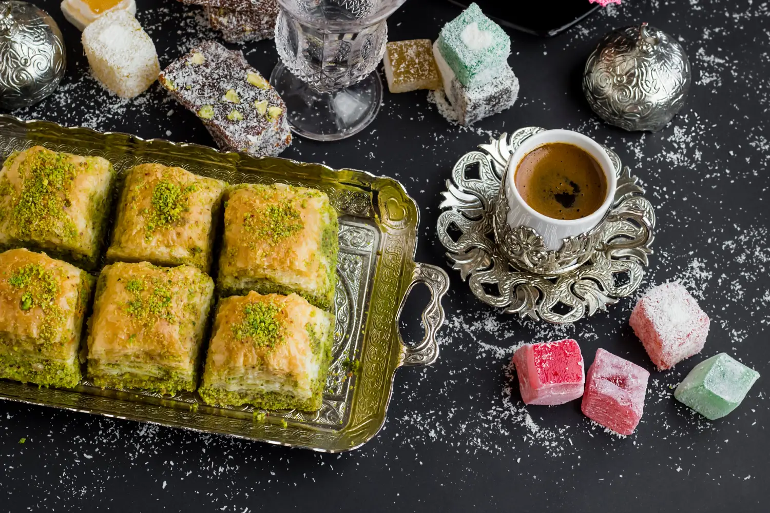 Ferry to Turkey - Traditional Turkish Pastry Pistachio Baklava,on vintage tray with coffee and delights.Above view.Conceptual image of celebrations.