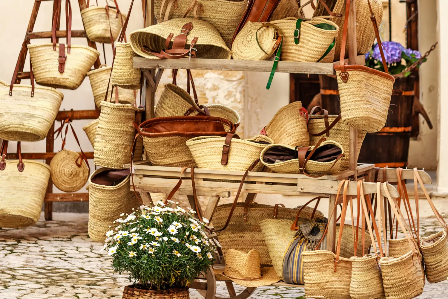 Ferry to Palma de Mallorca - Shopping for straw bags in Palma de Mallorca, Balearic Islands, Spain.