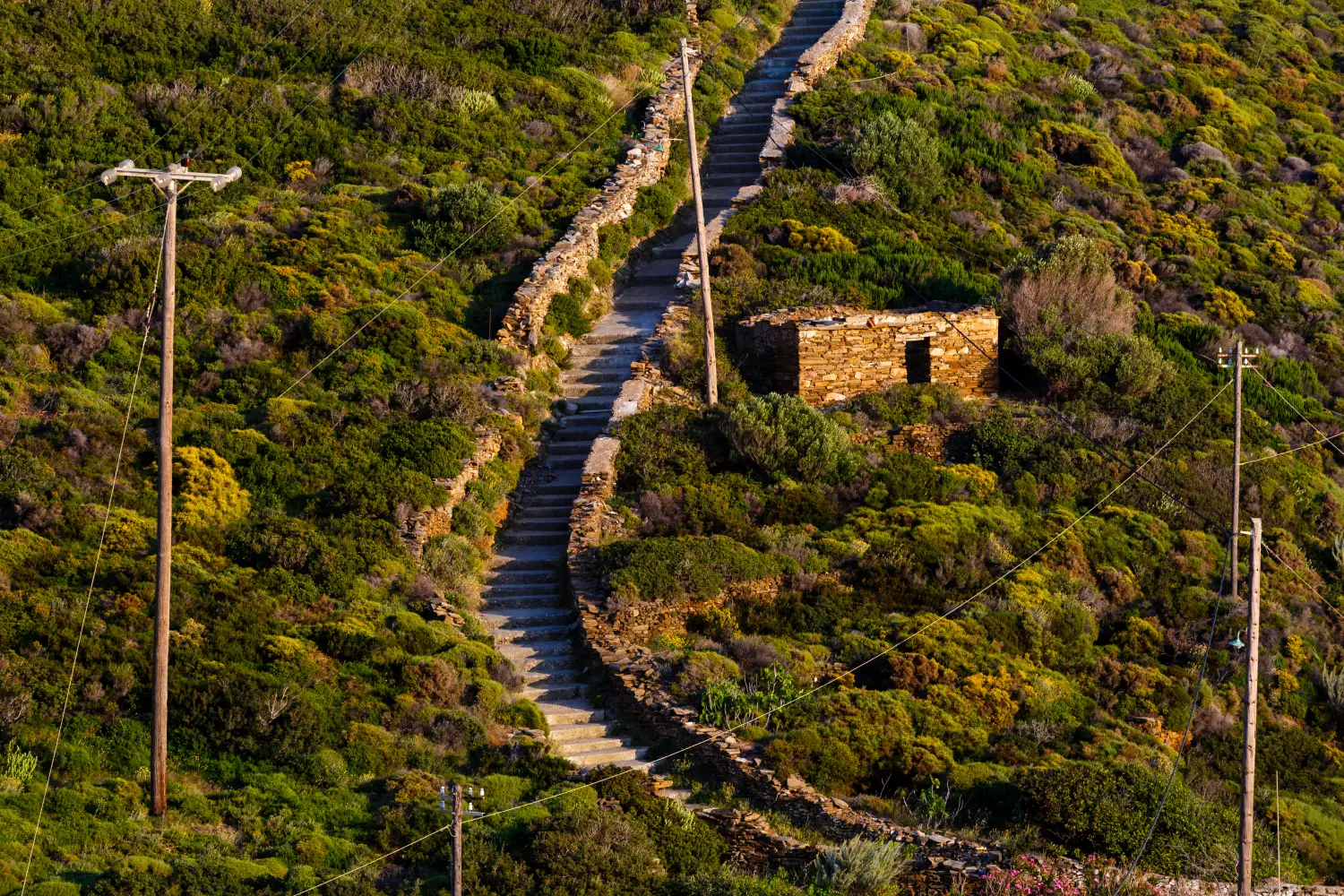 Ferry to Thimaina (Fourni) - Footpath to Dafnolies beach and a traditional stone hut near the town of Fourni, Greece.