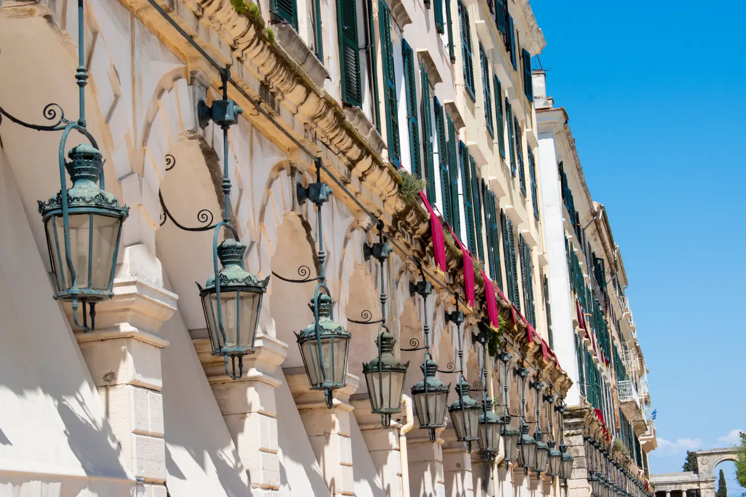 Ferry to Corfu - Traditional easter holidays in Corfu island, Greece. Windows and balconies at Liston Square in Kerkyra.