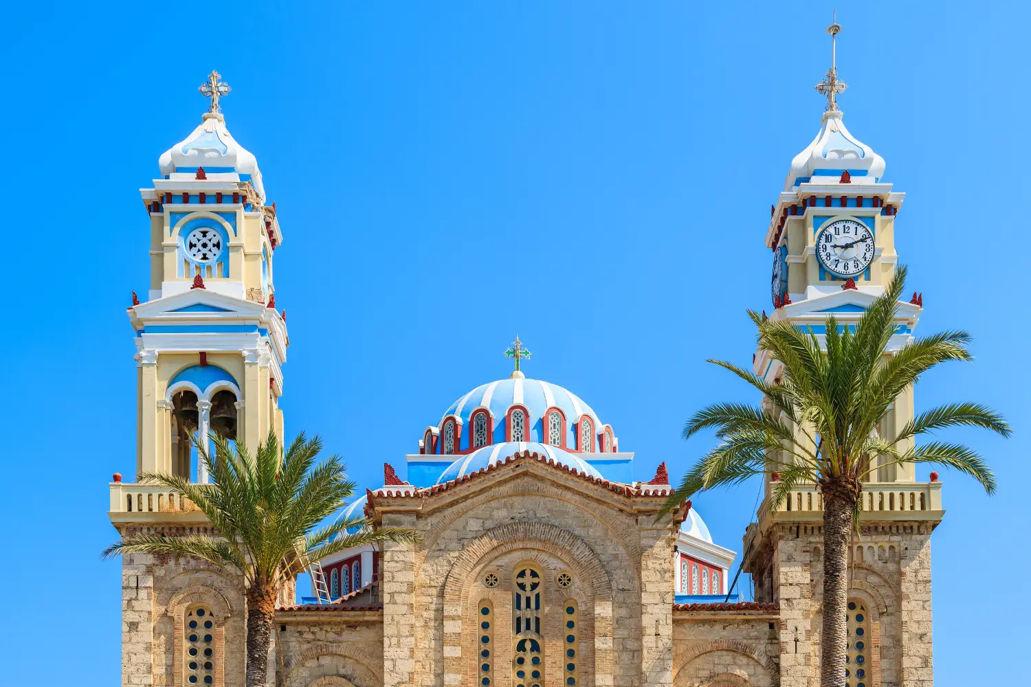 Ferry to Karlovasi - Beautiful old church in Karlovasi town, Samos island, Greece.