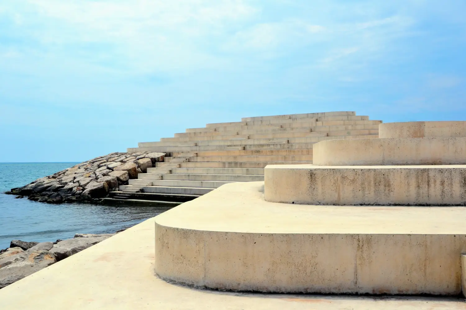 Ferry to Durres - Sphinx of Durres (Sfinksi) called also Urban Cape at Durres town, Albania. Seaside large steps, stairs at the embankment, popular tourist place, viewpoint.