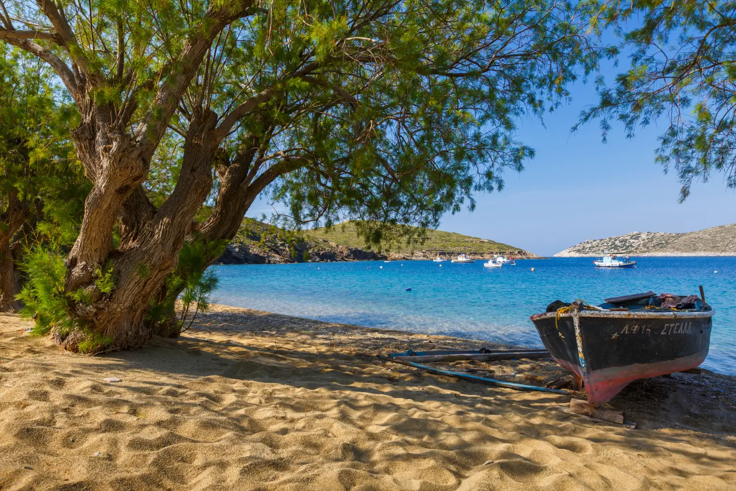 Ferry to Fourni - Fishing boats at the beach of Kampi village on Fourni island in Greece.